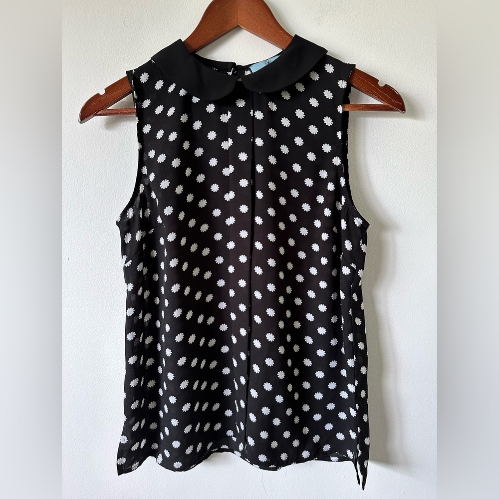 CeCe Black and White Polka Dot Sleeveless Peter Pan Collar Shirt Size XS